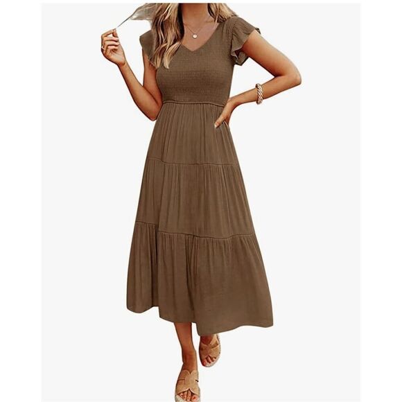 NEW Flutter Sleeve Smocked Midi Dress V Neck Tiered Dress w/ Pockets S - Picture 1 of 6